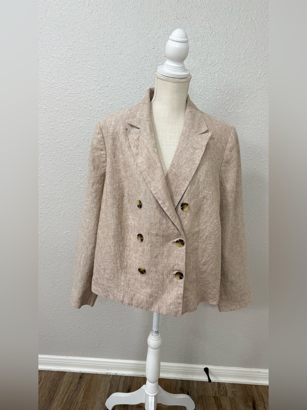 Talbots Plus 16W 100% Linen Double Breasted Blazer Jacket Beige Oatmeal Lined - Picture 2 of 10